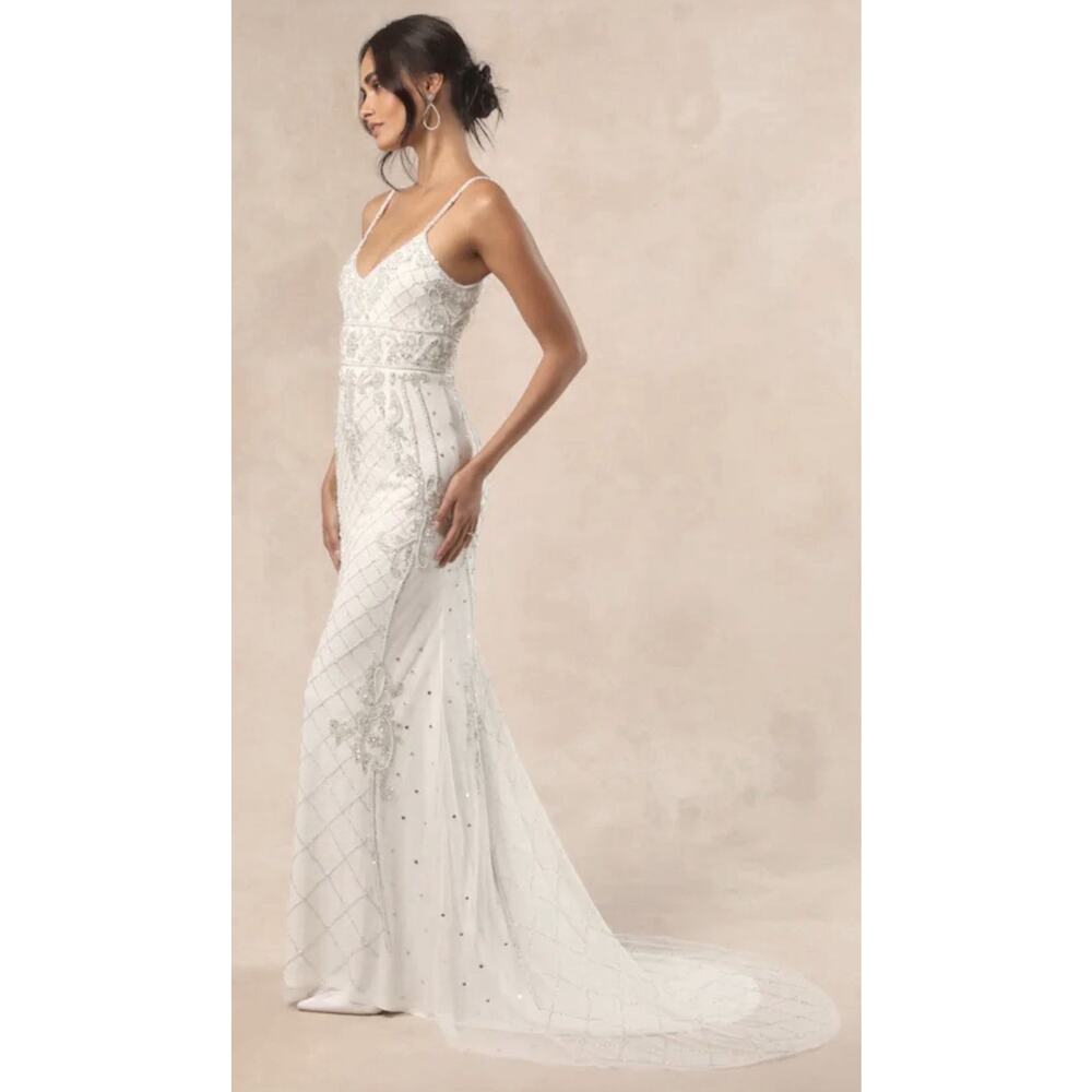 Lulus Luxe Bridal Ciella White Silver Beaded Mermaid Maxi Dress Wedding Gown M - Picture 3 of 16